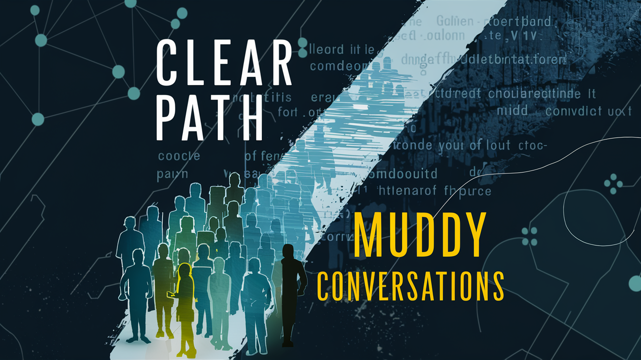 Thumbnail depicting a contrast between 'CLEAR PATH' in bright white text at the top and 'MUDDY CONVERSATIONS' in bold yellow at the bottom, symbolizing the journey from confusion to clarity in open source communication. The background shows a network of dark blue lines and nodes, representing digital connectivity, with silhouettes of people collaborating at the bottom, suggesting community and diversity