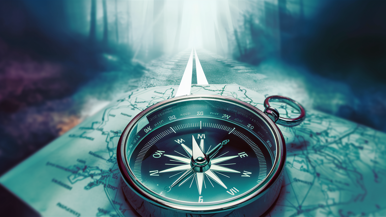 Vintage compass in sharp focus pointing towards a bright path on a blurred map, symbolizing clarity and direction in a journey through uncertainty, highlighted by vibrant contrasting colors