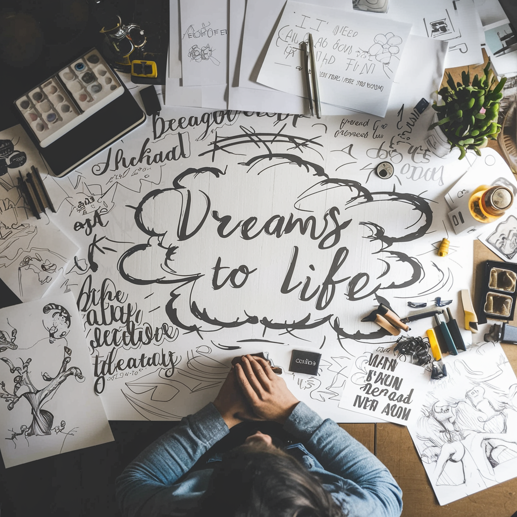 An artist's workspace with sketches and inspirational quotes scattered around, showcasing the creative process and the ideation phase of bringing dreams to life.