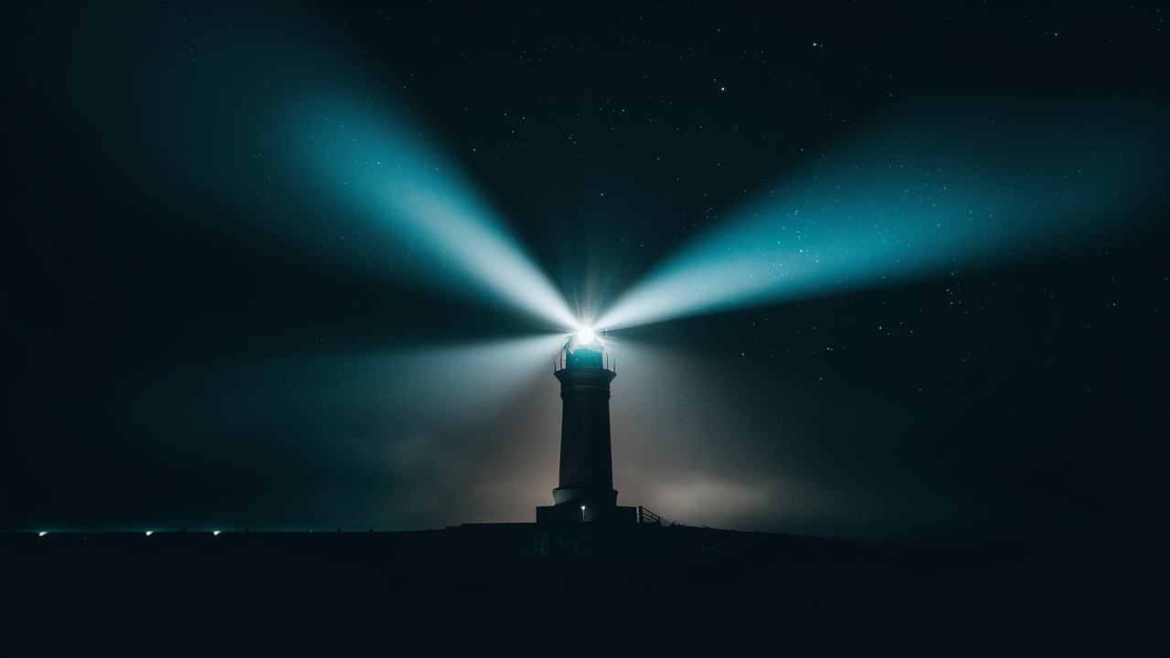 A captivating photograph capturing a solitary lighthouse standing tall against the backdrop of a dark, starless night. The lighthouse's beam cuts through the pitch-black surroundings, serving as a beacon of hope and guidance for distant ships unseen in the darkness. The intense light from the lighthouse contrasts sharply with the surrounding night, creating a vivid symbol of guidance and safety amidst uncertainty.

The scene is imbued with a sense of tranquility and steadfastness, as the lighthouse remains unyielding in its purpose, guiding voyagers to safety. This image, rich in symbolism, represents the blog's role as a beacon of guidance and inspiration, illuminating the way for readers on their individual journeys towards mastery and fulfillment.

Use high-contrast lighting to emphasize the lighthouse's beam against the dark environment, and ensure the composition conveys a sense of isolation and guidance, drawing a parallel to the blog's mission of lighting the path for others in their quests for personal and professional growth.