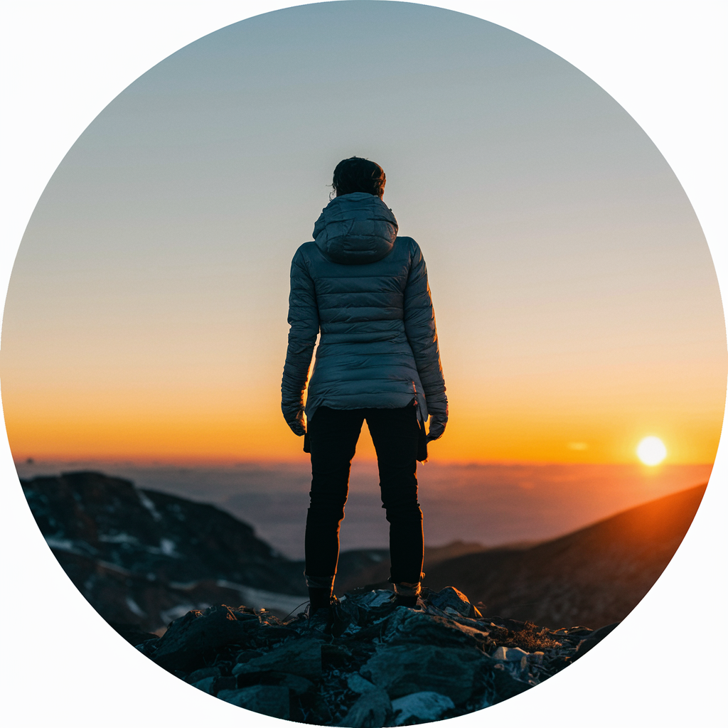 A person standing on a mountain peak, looking out over a vast horizon at sunrise, symbolizing the beginning of a journey and the broad possibilities that lie ahead.