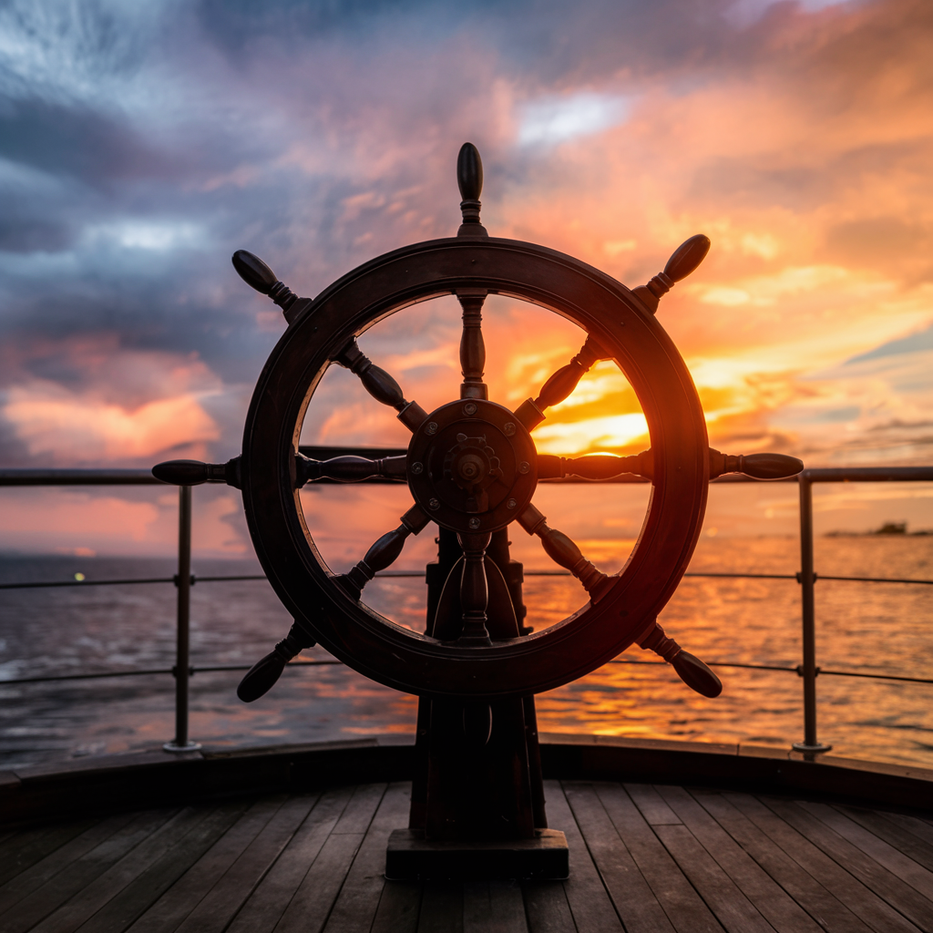 Hands on a ship's wheel or a compass overlaid on an open, blank map, symbolizing the beginning of a navigated journey, guided by the decisions one makes.